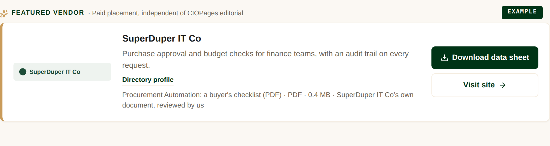 A Featured Vendor band on a Buyer Guide: one company, full width, with its logo, a summary line, a downloadable document and a link to its own site, labeled as a paid placement.